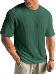 Mens Summer T Shirt Casual Ribbed Crew Neck Short Sleeve Solid Color Tee Top