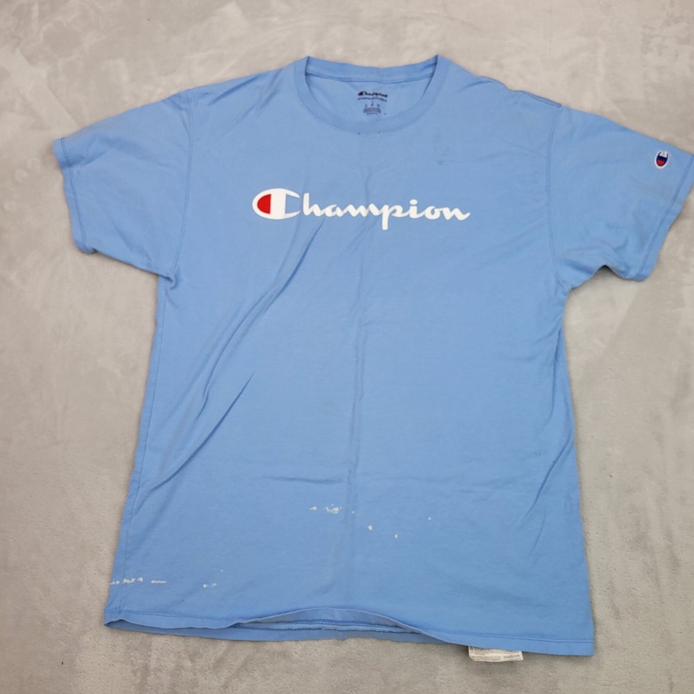 Champion Shirt Mens Large Blue Cotton Crew Classic Spellout Logo Unisex Adult*
