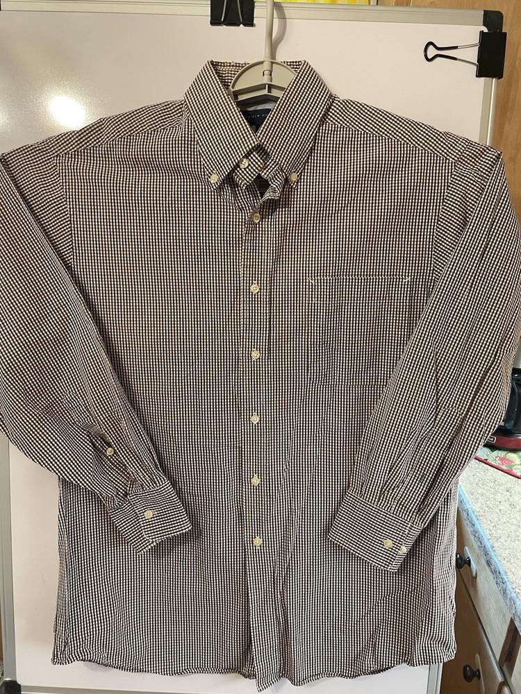 Tommy Hilfiger Mens Large Brown/White Check/Plaid Regular Fit Long Sleeve Shirt