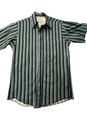 Vintage American Hero Vertical Stripe Button Up Shirt Green Black 90’s