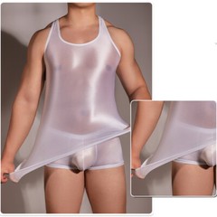 Mens Shiny Oil Muscle Tank Elastic Top Vest See-through Gym Tee Shirt Boxer Sexy