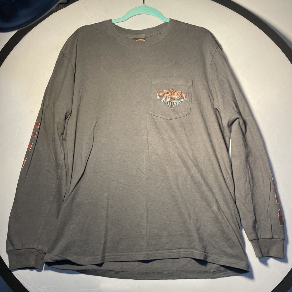 Harley Davidson Shirt Mens Large Long Sleeve Pocket Juneau Ave Milwaukee WI Gray