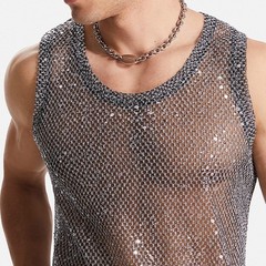 Mens Mesh Tank Top Glitter Muscle Tank Vacation Clothing Slight Stretch Clubwear