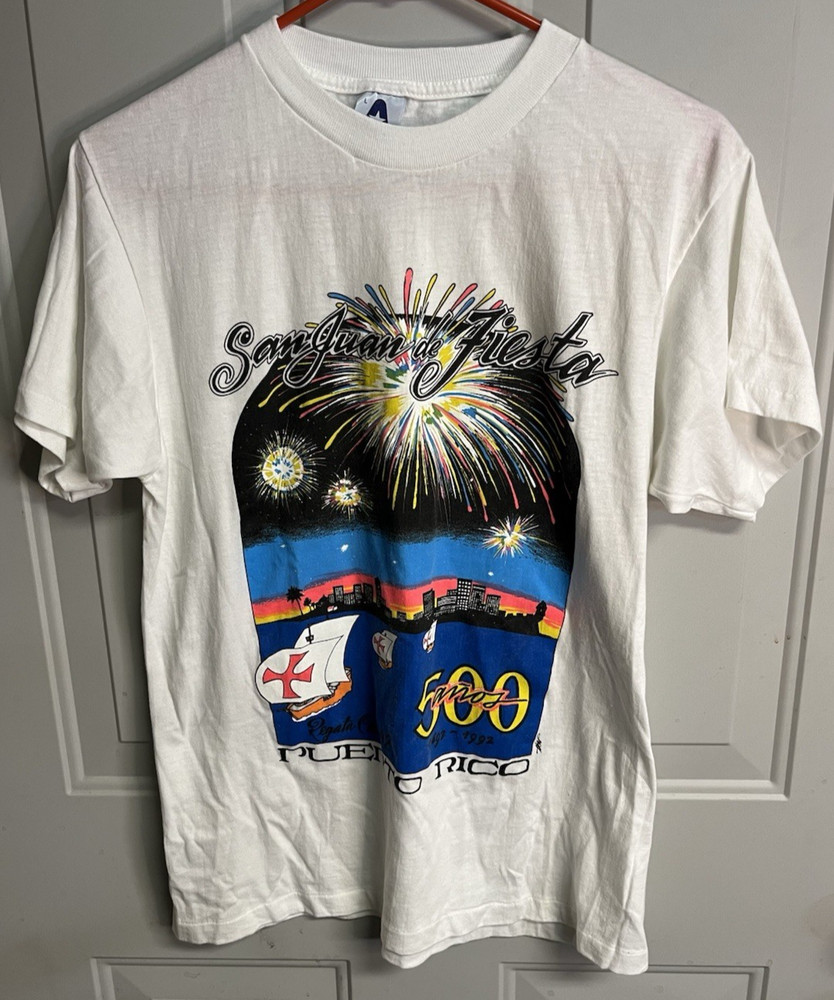 Vintage~San Juan Fiesta Regata Colon 92 T-Shirt~Size Large~Short Sleeve~White