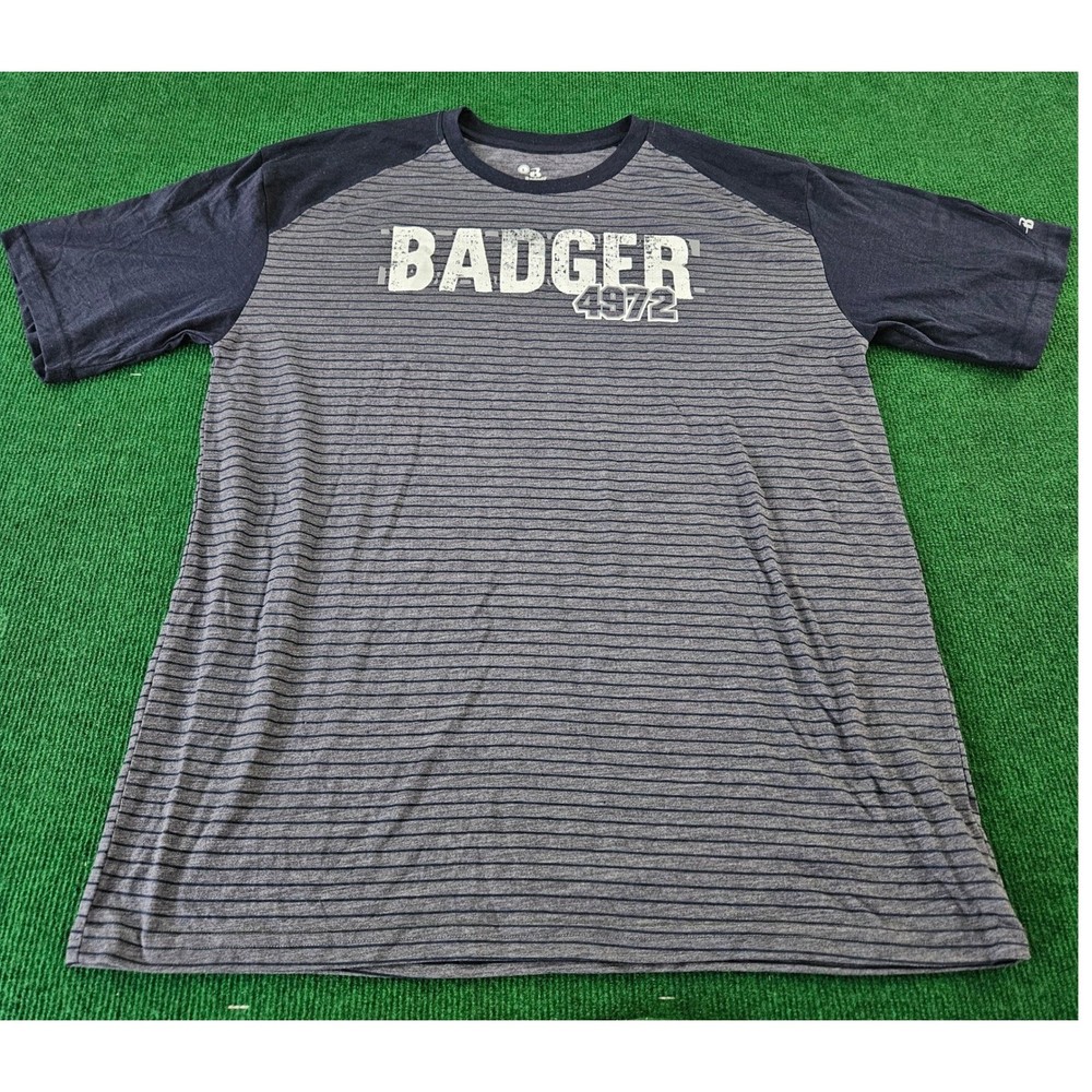 Badger Sport 4972 Graphic T Shirt Mens Large Raglan Short Sleeve Striped Gray