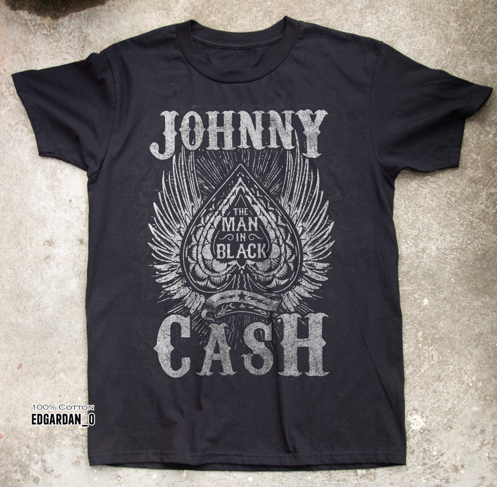 Johnny Cash Man in Black Logo Heavy Cotton Black Unisex T-shirt Size S-5XL