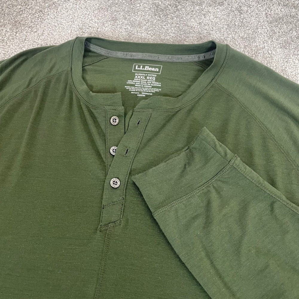 LL Bean Henley Shirt Mens XXXL Merino Wool Blend Slightly Fitted Olive Green 3XL