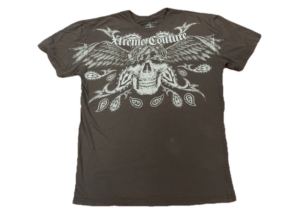 Xtreme Couture Mens Cotton Knit Skull Graphic Print Crew Neck Brown Tee XL