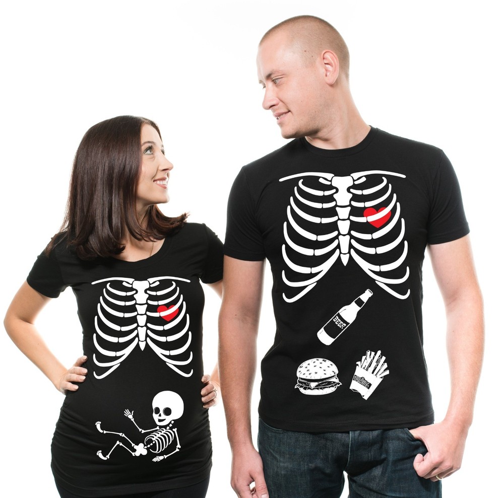 Pregnancy Funny X-ray Couple Skeleton T-shirt Maternity Halloween Costume Shirts