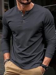 Men’s Summer Casual Long Sleeve Henry Neck T Shirts Fashion Basic Button Gift
