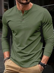 Men’s Summer Casual Long Sleeve Henry Neck T Shirts Fashion Basic Button Gift