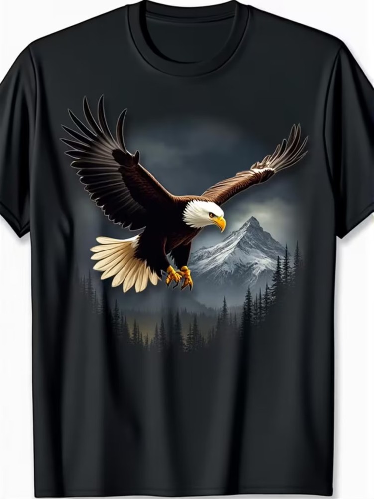 Men’s Eagle & Mountain Graphic T-Shirt – 100% Casual Short Sleeve Round Neck, wi