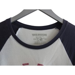 Vtg True Religion Mens Buddha Guitar Raglan Baseball T-Shirt White Navy Blue L