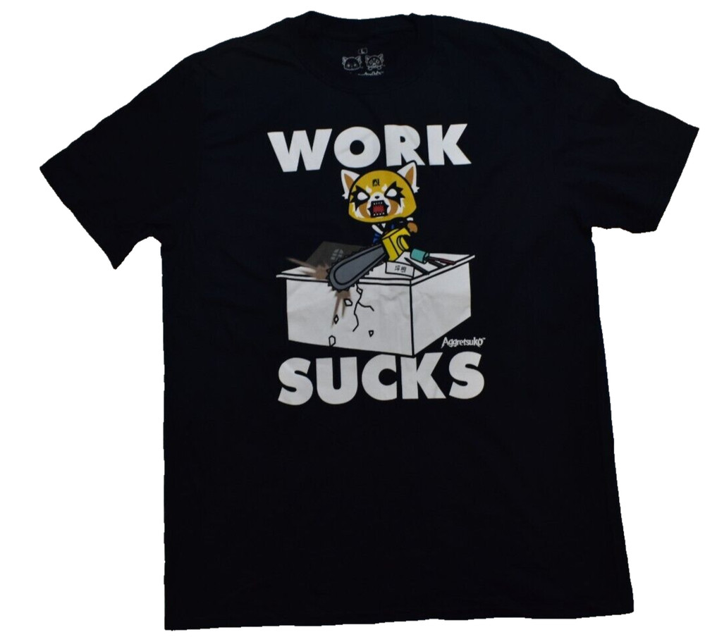 Aggretsuko Mens Work Sucks Funny Black Shirt New L, 2XL, 3XL