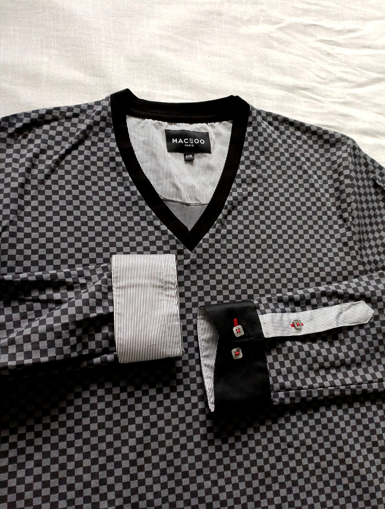 Maceoo Shirt Mens 3 Medium V-Neck Jacquard Square Grey Flip Cuff Roll-up Sleeve