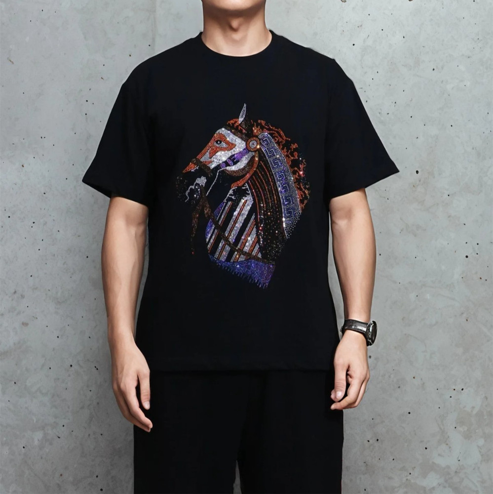New Men Luxury Diamond Horse Rhinestones Fashion T-Shirt High Quality