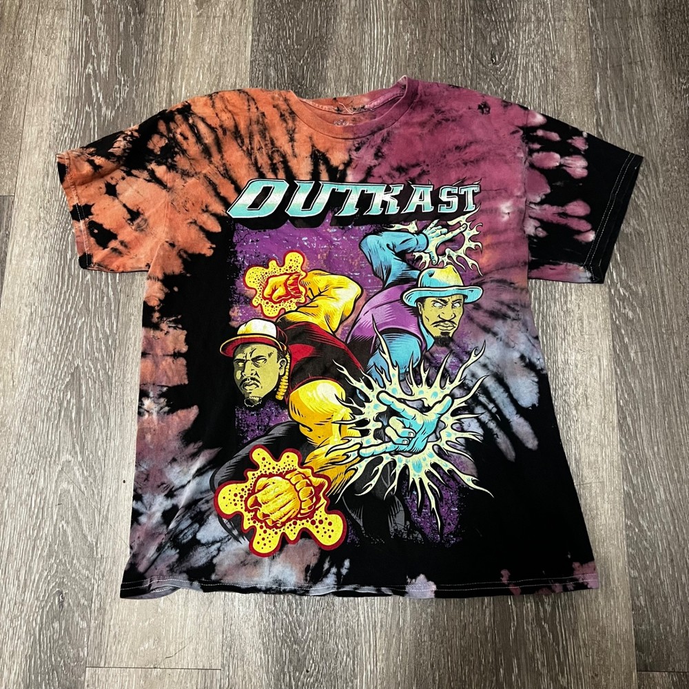 Outkast Bleach Wash Tie Dye Shirt Black Orange Purple Medium Large