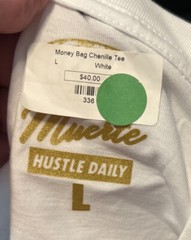 MUERTE HUSTLE DAILY Size Large White Money Bag Chenille Tee MSRP-$40