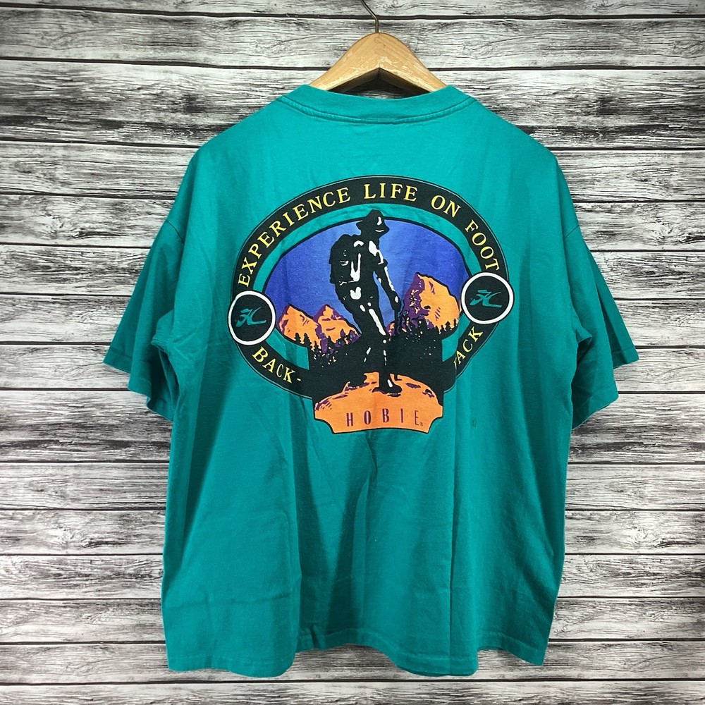 Vintage Hobie Shirt Mens XL Turquoise Outdoor Hiking Graphic Tee USA 90s