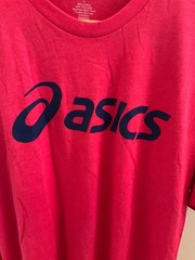 EXCELLENT Mens Asics Activewear T-Shirt Red Size L Dark Blue Logo 50/50 Blend