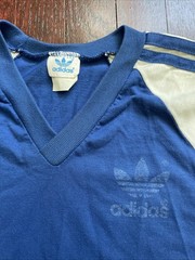 80s Vtg Adidas Trefoil USA MADE V-Neck LONG jersey Tee shirt blue white size M