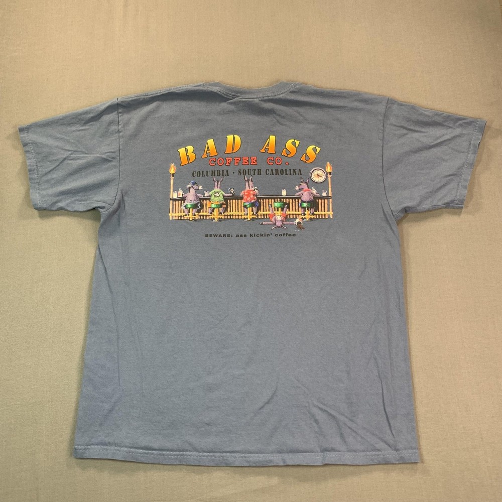 VTG Bad Ass Coffee Co Shirt Mens XL Blue Columbia SC Graphic Tee Duck Co