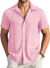 Men Casual Button Down Short Sleeve Textured Summer Beach Shirt with Pocket