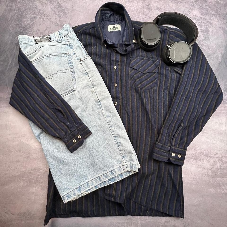 Dark Striped Button-Up Shirt Chest Pockets Vintage Casual Y2K Streetwear XL
