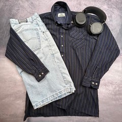 Dark Striped Button-Up Shirt Chest Pockets Vintage Casual Y2K Streetwear XL