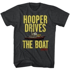 JAWS Movie T-Shirt Hooper Drives The Boat New Official Black Heather in SM – 5XL
