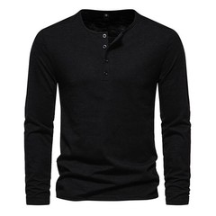 Men’s Shirt Cotton Henley Neck T-Shirts Long Sleeve Casual Button Plain 25% OFF