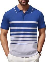 Men’s Striped Knit Polo Shirt Lightweight Short Sleeve Casual Collared Golf Tee
