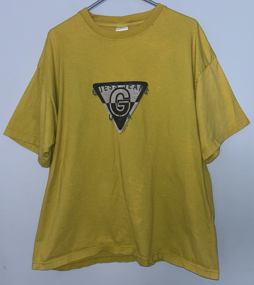 Vintage 90s Thrashed Guess Jeans Men’s XL Triangle Logo T-Shirt Mustard Yellow