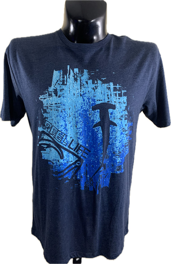 Reel Life Fishing T Shirt Mens Large L NWT Navy Blue Hammerhead Shark Back Logo