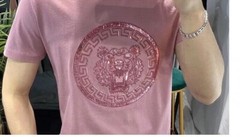 New Men Luxury Tiger Rhinestones Fashion Black White Pink T-Shirt High Quality