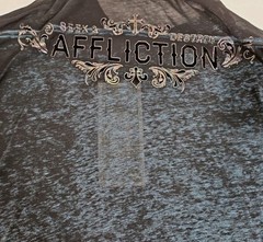 Affliction LS Top Large L Blue Sheer Shirt Silver Foil Black Velvet Graphics Y2K