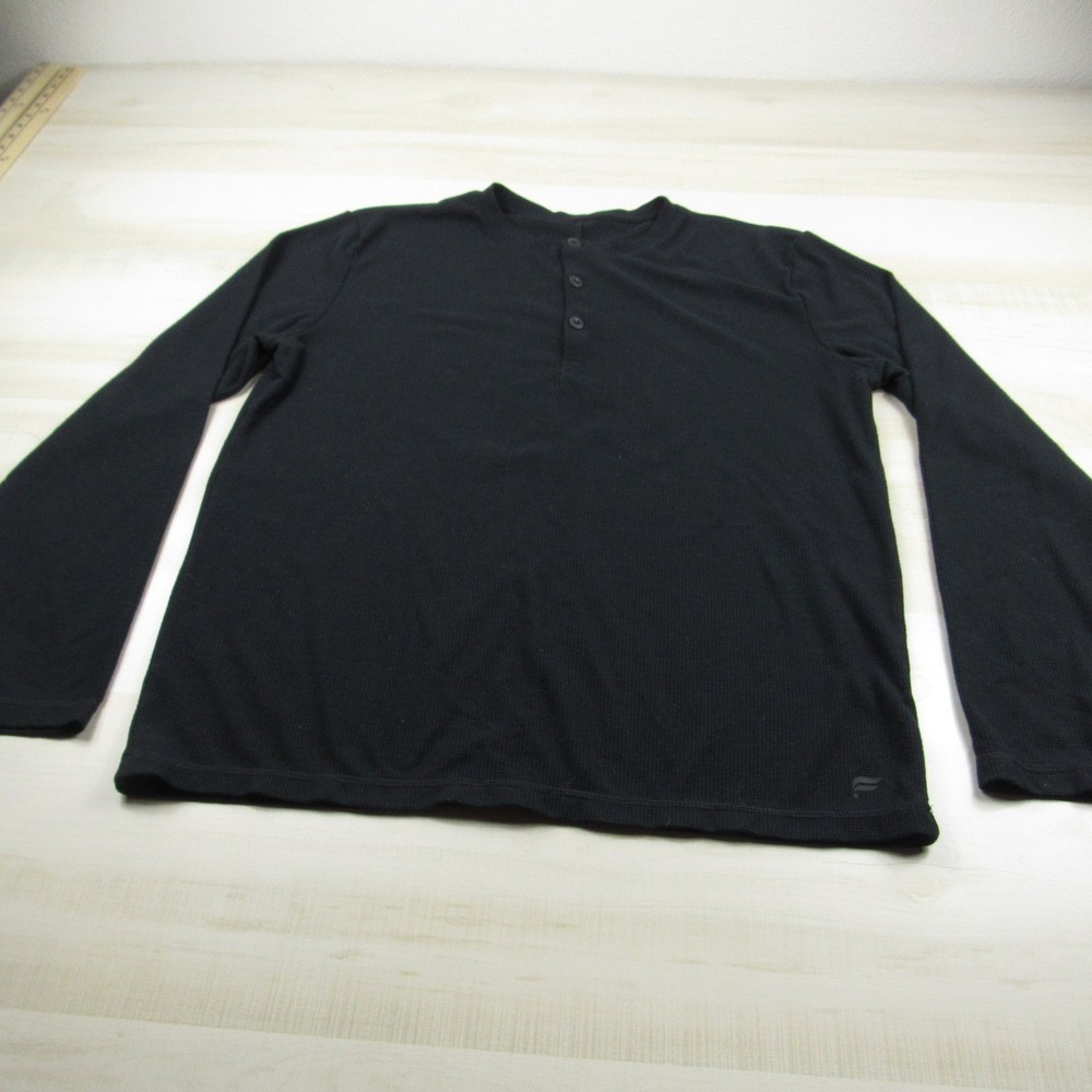 Fabletics Shirt Mens Medium Black Henley Thermal Waffle Cotton Long Sleeve A1