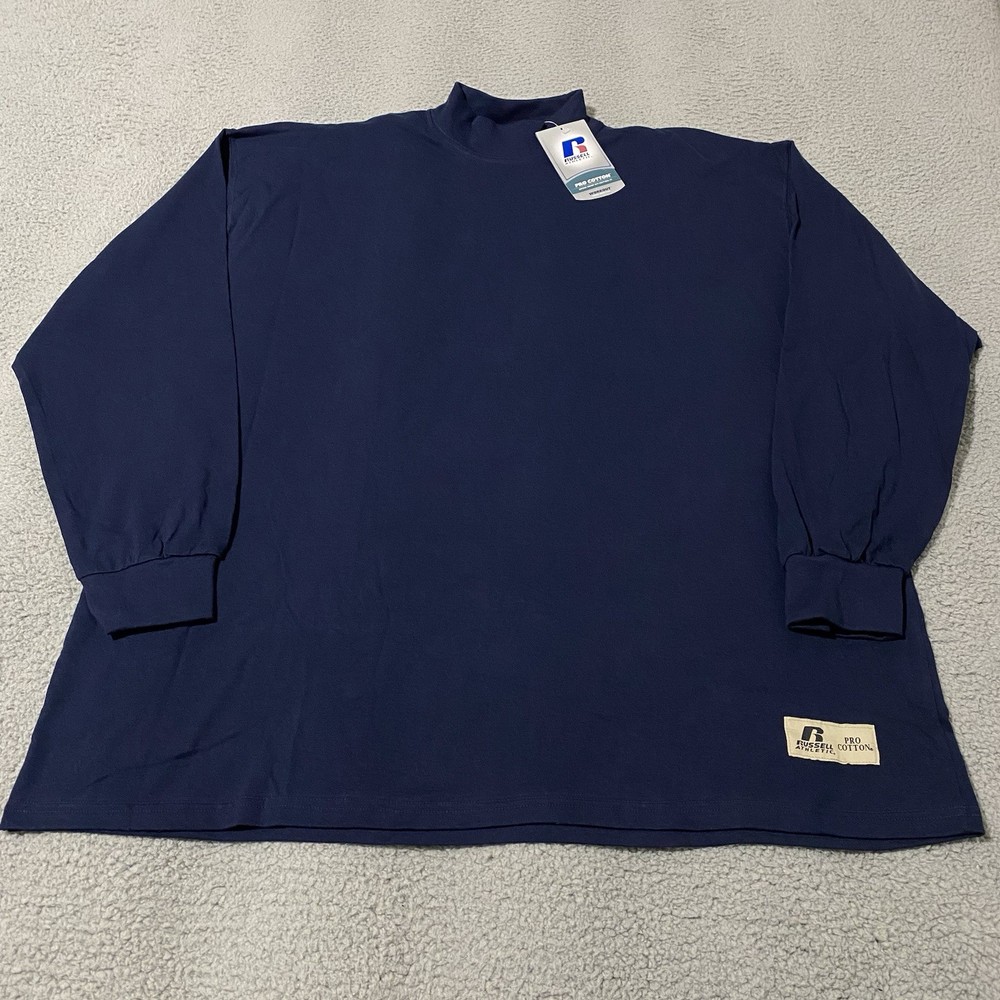 Vintage Russell Athletic Mock Neck Shirt Mens Large Navy Pro Cotton Blank NEW