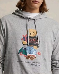 NWT Polo Ralph Lauren Mens Holiday Bear Long Sleeve Hooded Tshirt GREY XL