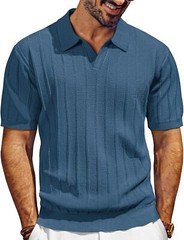 Mens V-Neck Polo Shirt Knit Textured Breathable Summer Casual Top