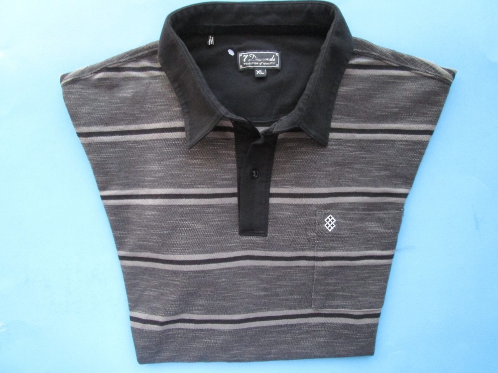 7 Diamonds Contrast Collar Stripes Men Polo T-Shirt Black Charcoal XL