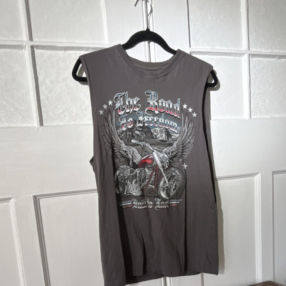 Celebrate! Patriotic Motorcycle Graphic Gray Cotton Men’s Sleeveless T-Shirt S