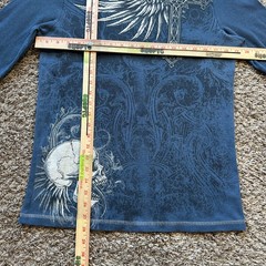 Vintage No Boundaries Thermal Shirt Size L Blue Y2K Skull Cross Wings Cyber Punk