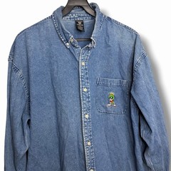 Vintage 1990s Warner Bros Studios Marvin The Martian Denim Button Shirt Size XL