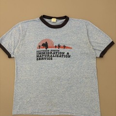 Vintage 70s Southwestern Immigration Ringer Shirt Blue Polycotton True Large