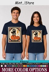 Cat Black Pumpkin Shirt, Vintage Halloween Postage Stamp Tee