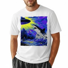 Retro UFO Shark Attack T-Shirt Vintage Sci-Fi Alien Abduction Space Graphic Tee