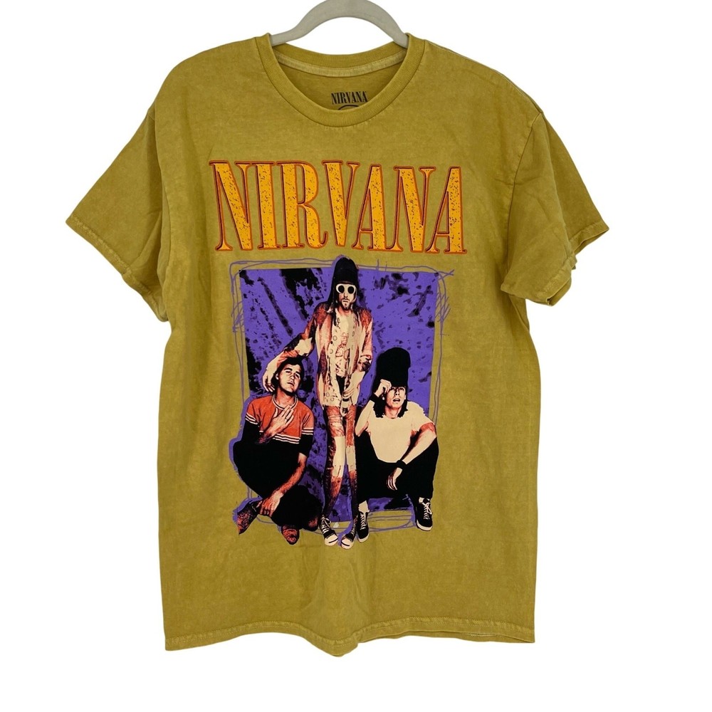 Officially Licensed Nirvana Grunge Tee Yellow Acid Wash Large Vintage Style