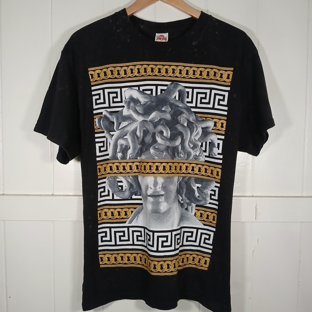Medusa Greek Gold Chain Graphic T-Shirt Acid Bleach Wash Men Large Black Alstyle