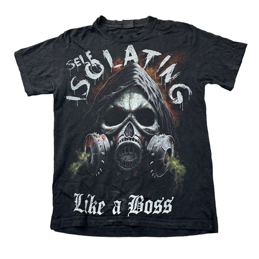 Spiral T-Shirt Self Isolating Like A Boss Graphic Print Gothic Black Mens Small